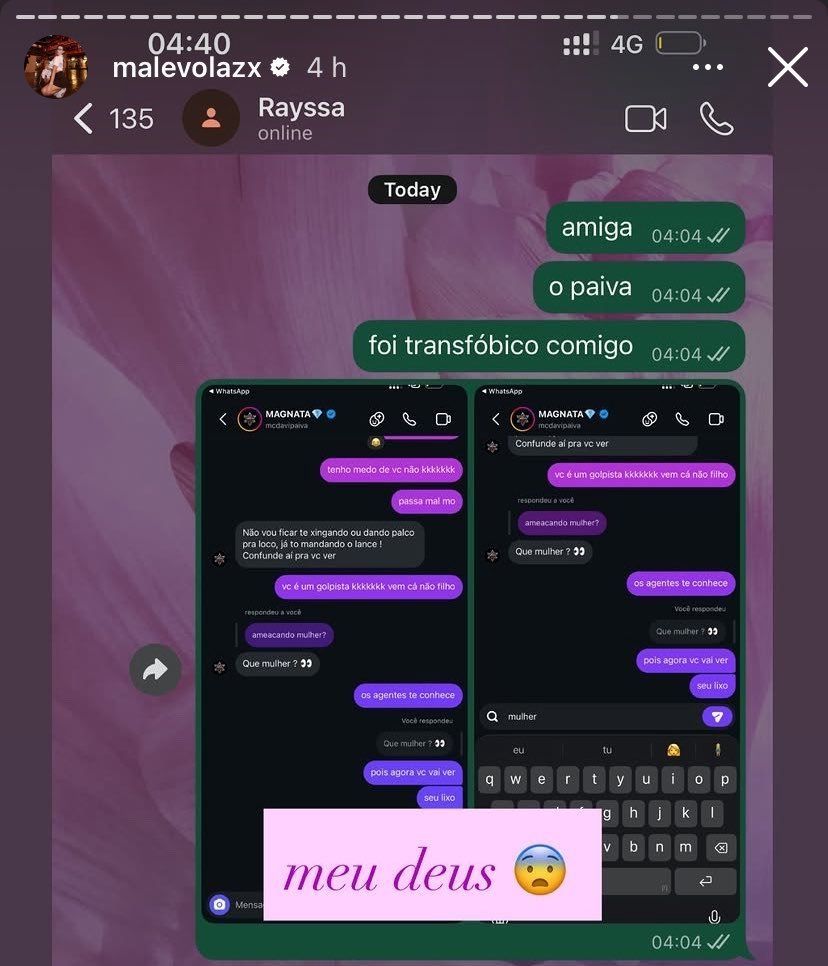 Segundo relatos publicados nas redes sociais, MC Paiva procurou Mal&eacute;vola por mensagens diretas no Instagram para tirar satisfa&ccedil;&atilde;o. | Foto: Redes Sociais