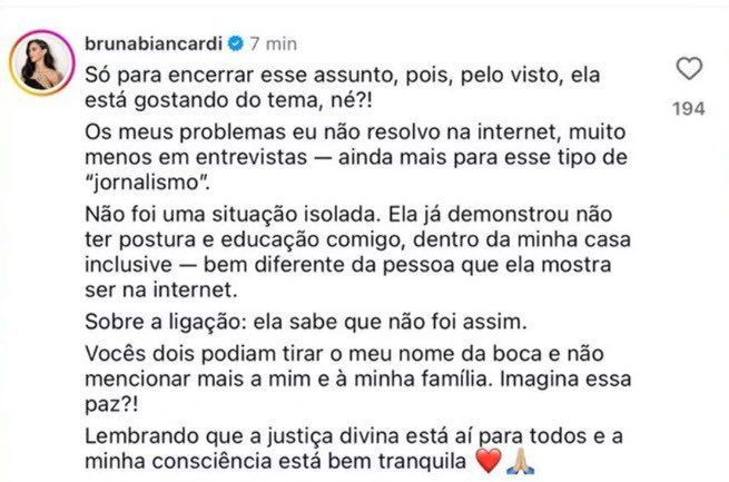 Com a repercussão, Bruna usou as redes sociais para criticar a fala da empresária. | Foto: Redes Sociais
