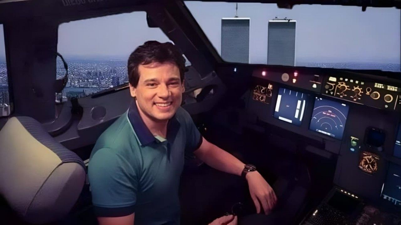 Uma das montagens mais compartilhadas mostra Portiolli dentro de um avião com duas torres ao fundo. | Foto: Redes Sociais