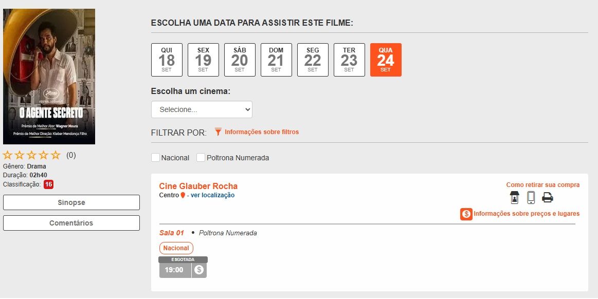 Todas as sessões de O Agente Secreto no Cine Glauber Rocha tiveram ingressos esgotados | Imagem: Print/Site Cine Glauber Rocha