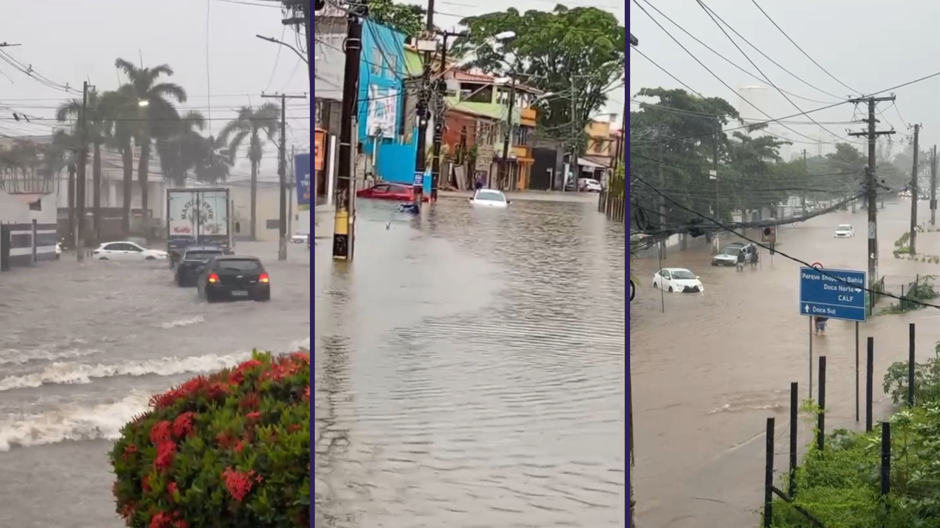 As fortes chuvas que atingem a Região Metropolitana de Salvador desde quinta-feira (21) provocaram alagamentos em áreas centrais de Lauro de Freitas. | Fotos: Leitor/Aratu On