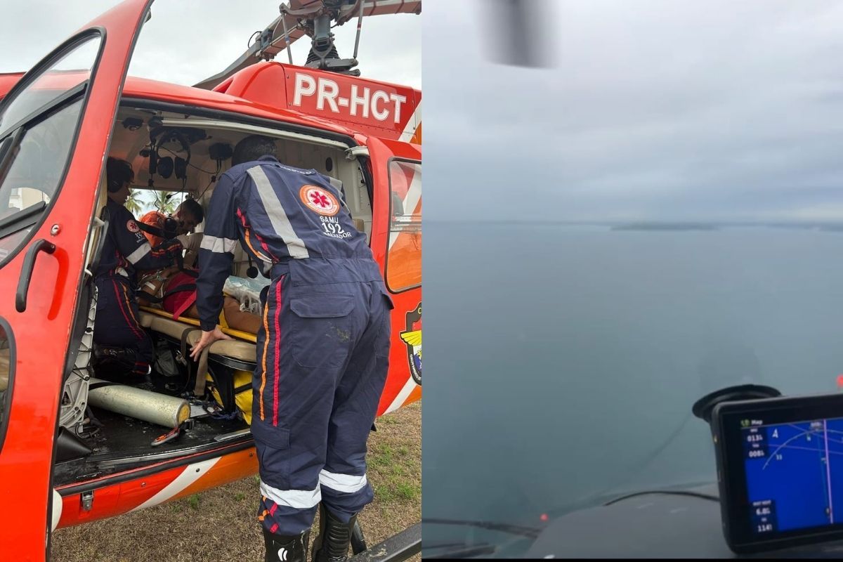 Transporte de helic&oacute;ptero agiliza socorro a v&iacute;tima de AVC na Ilha de Mar&eacute;, em Salvador. Foto: Ascom / CBMBA