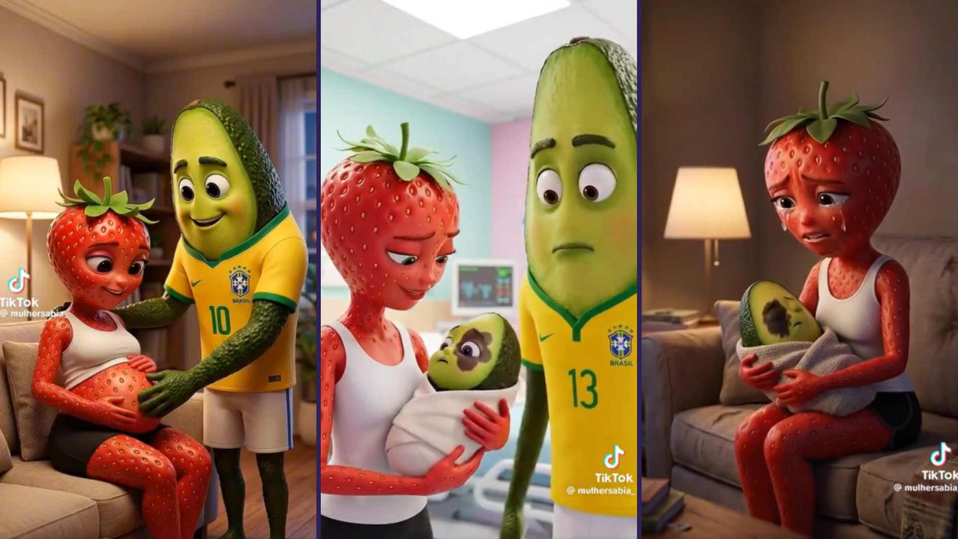 As novelinhas de frutas vem ganhando espa&ccedil;o nas redes sociais ao&nbsp;transformar alimentos em personagens dram&aacute;ticos por meio de IA. | Foto: Redes Sociais/TikTok