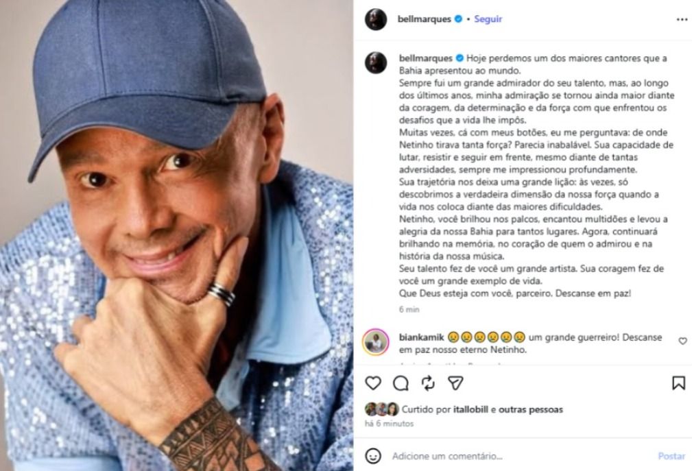 Bell Marques publicou uma homenagem em que destacou a admira&ccedil;&atilde;o pelo talento e pela for&ccedil;a demonstrada por Netinho. | Foto: Redes Sociais
