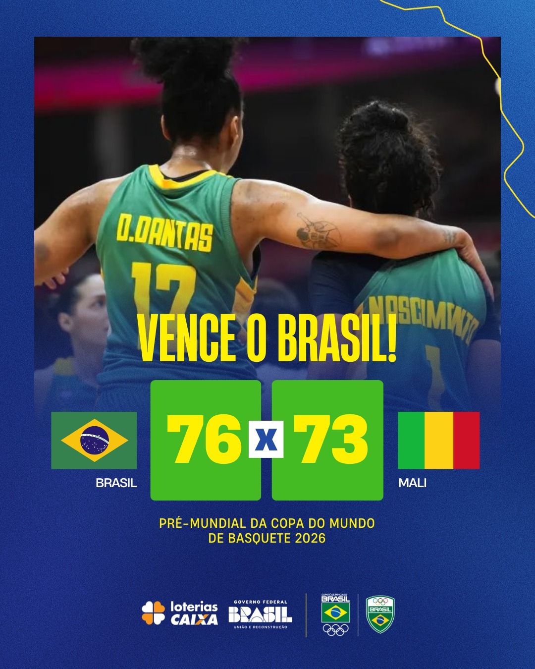 A vit&oacute;ria brasileira veio ap&oacute;s rea&ccedil;&atilde;o no &uacute;ltimo quarto. | Foto: Redes Sociais/Time Brasil