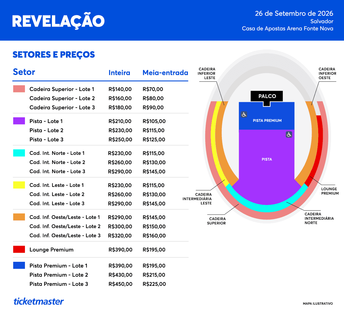 Na capital baiana, o evento será na Arena Fonte Nova no dia 26 de setembro, com ingressos que vão de R$ 70 a R$ 225. | Foto: Divulgação