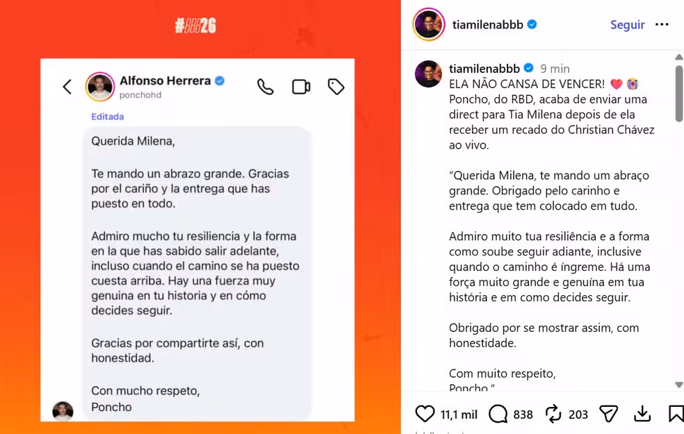 Nas redes sociais, a equipe de Milena divulgou uma mensagem privada enviada pelo ator Alfonso Herrera. | Foto: Redes Sociais