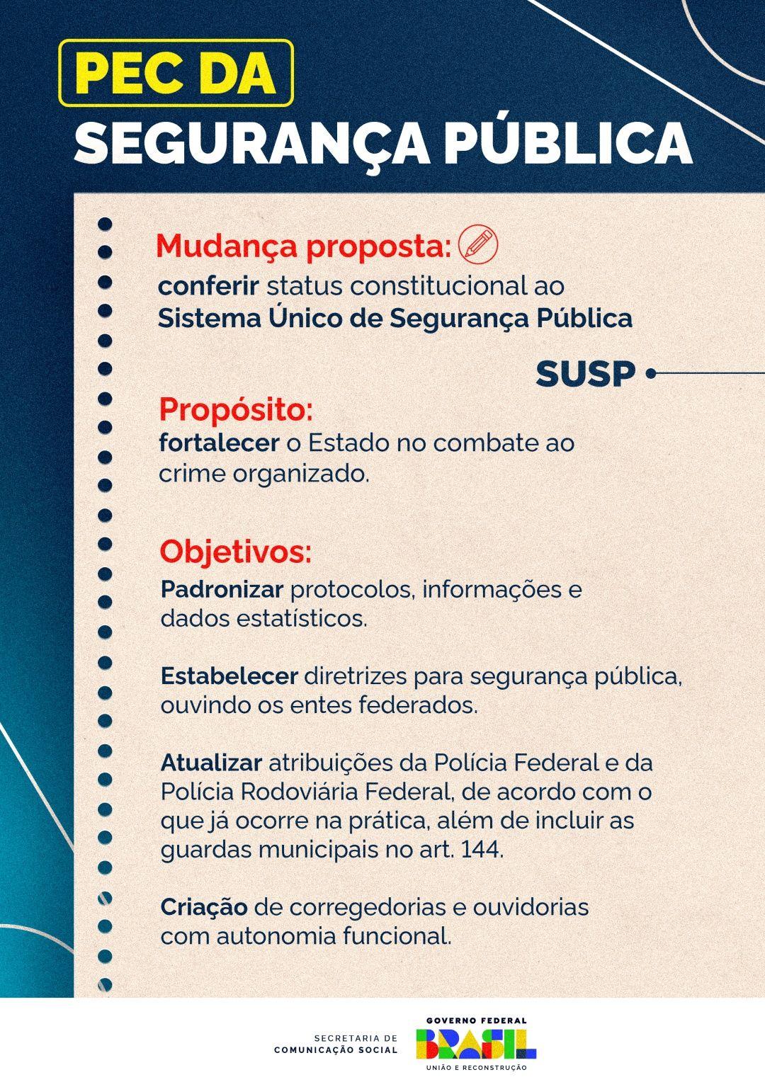 A proposta, que deve ser votada ainda&nbsp;no in&iacute;cio deste ano, &eacute; uma das principais apostas do governo federal para fortalecer o combate &agrave;s fac&ccedil;&otilde;es criminosas. | Foto: Governo Federal/Secom