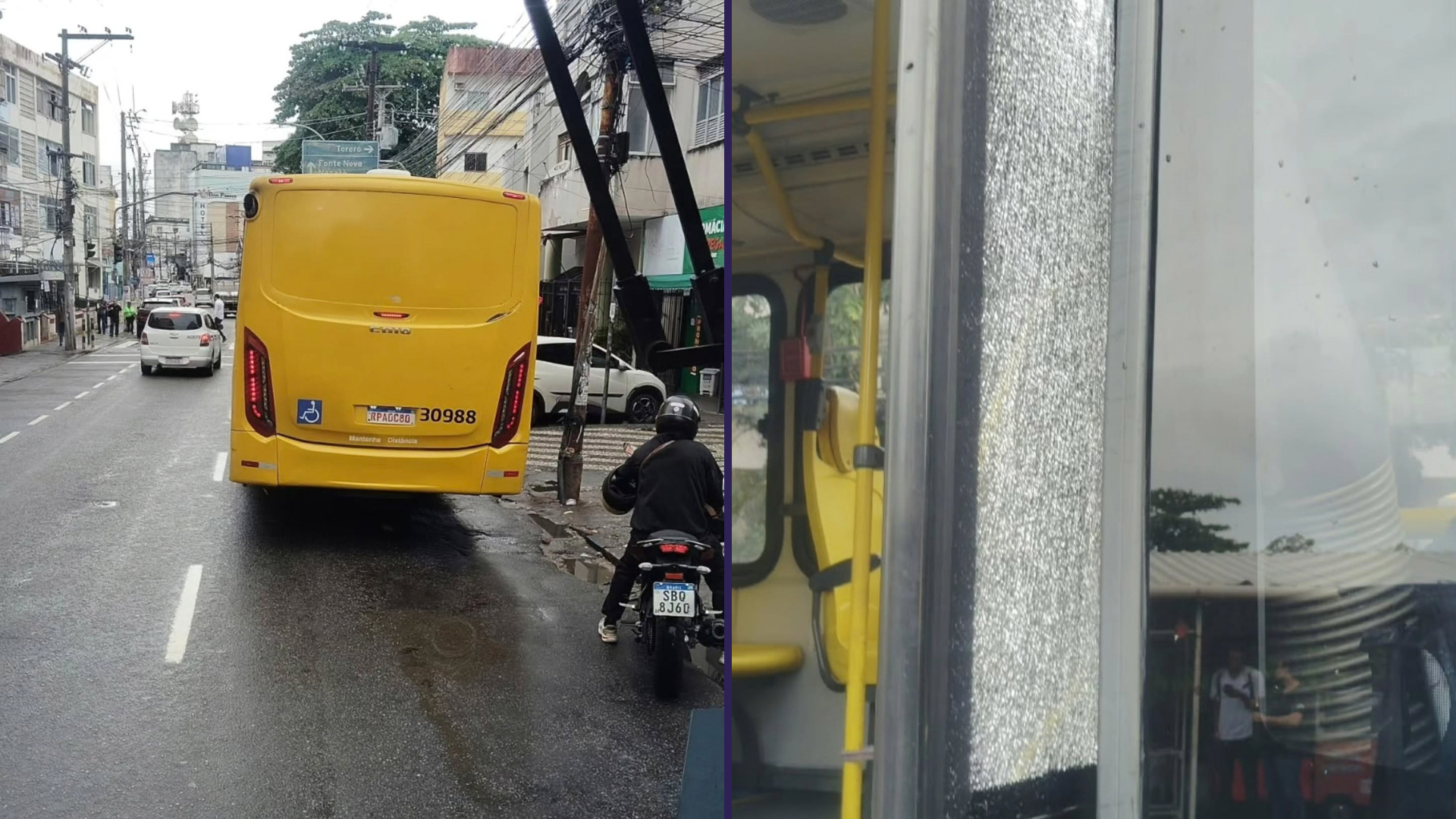 Um ônibus de Salvador foi alvo de vandalismo por volta das 8h05 desta quinta-feira (8), na região de Nazaré, em Salvador. | Foto: Redes Sociais