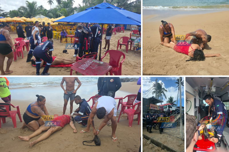 Uma mulher foi resgatada ap&oacute;s um afogamento na manh&atilde; deste s&aacute;bado (9), na Praia de Itapu&atilde;, em Salvador. | Foto: Al&ocirc; Juca