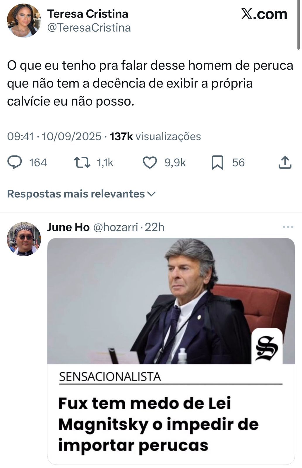 Além do discurso de Fux, o cabelo - ou peruca - do ministro e o tempo que ele levou para votar virou meme nas redes sociais. | Foto: Redes Sociais