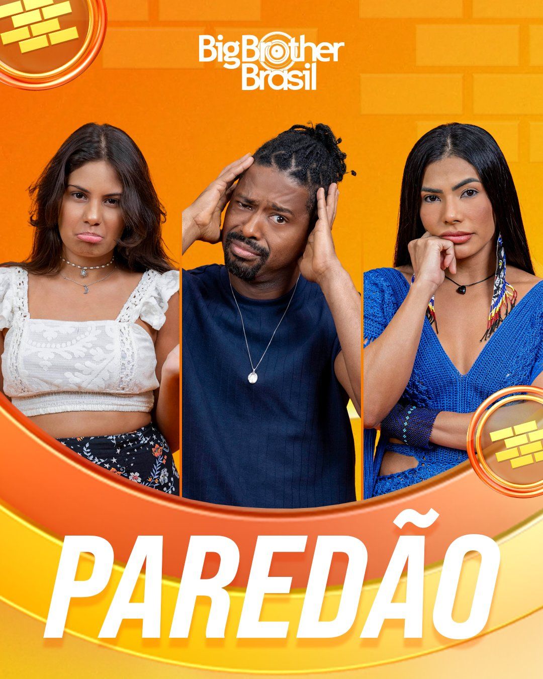 O 15º paredão do BBB 26 foi formado na noite de sexta-feira (10), com Gabriela Saporito, Leandro Rocha (Boneco) e Marciele Albuquerque na berlinda. | Foto: Gshow