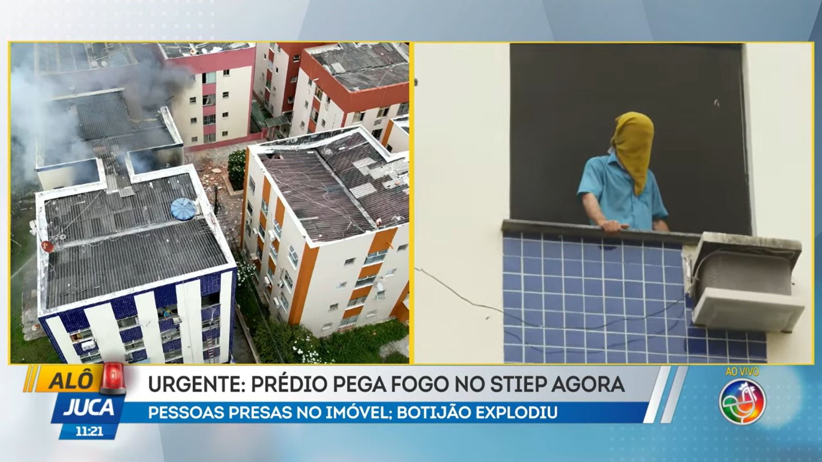Pelo menos sete moradores est&atilde;o presos no edif&iacute;cio, entre eles, um idoso, aguardando resgate. | Foto: Reprodu&ccedil;&atilde;o/TV Aratu