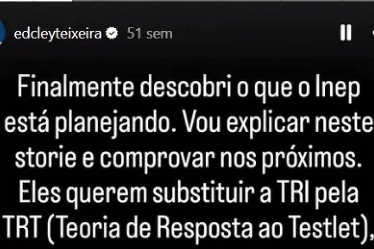 Story em que Edcley Teixeira antecipou novo formato de questões do Enem. Foto: Reprodução