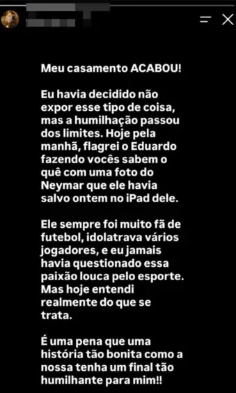 A situa&ccedil;&atilde;o ganhou ainda mais repercuss&atilde;o ap&oacute;s uma influenciadora digital afirmar nas redes sociais que colocou fim ao casamento. | Foto: Redes Sociais