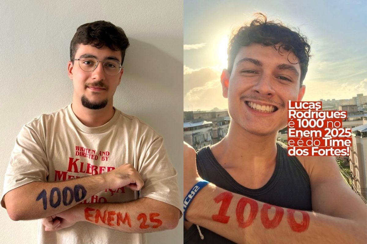 Da esquerda para a direita, rodrigo Fortes, 22, e Lucas Rodrigues, 21, tiraram nota 1000 na reda&ccedil;&atilde;o do Enem 2025. Foto: Reprodu&ccedil;&atilde;o / Redes sociais @fortesnaredacao