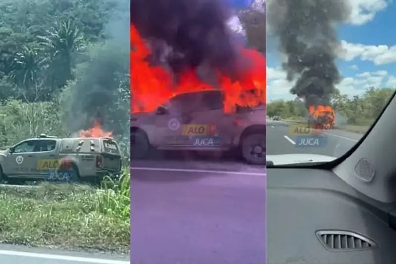 Uma viatura do 26&ordm; Batalh&atilde;o da Pol&iacute;cia Militar pegou fogo na manh&atilde; desta quarta-feira (23), na BR-324. | Foto: Redes Sociais