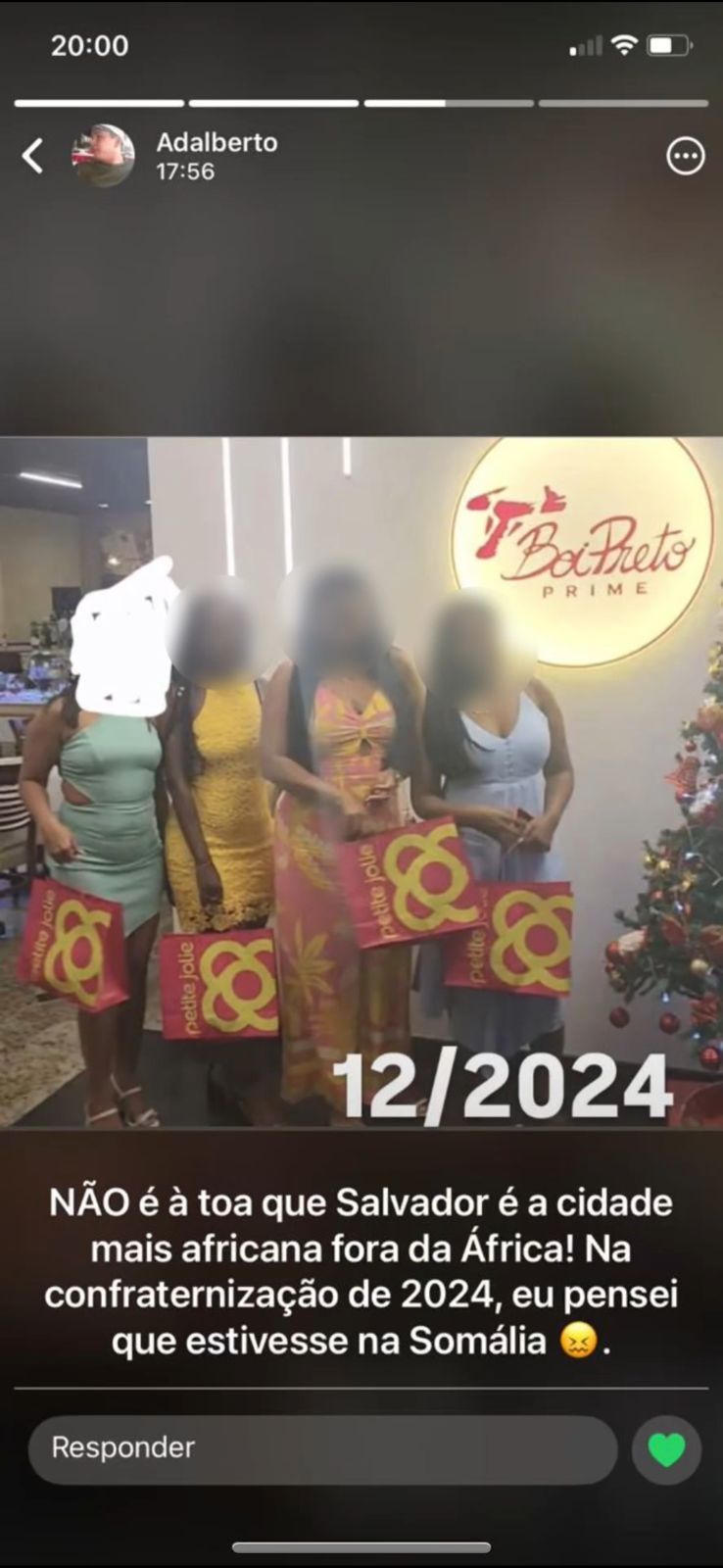 No Status do WhatsApp, Adalberto comparou duas fotos da confraternização da empresa em anos diferentes. | Foto: Redes Sociais