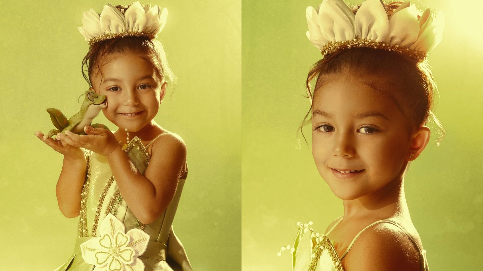 Liz, filha de Léo Santana e Lore Improta, está caracterizada como a princesa Tiana, do filme A Princesa e o Sapo | Fotos: reprodução/Instagram (@loreimprota)
