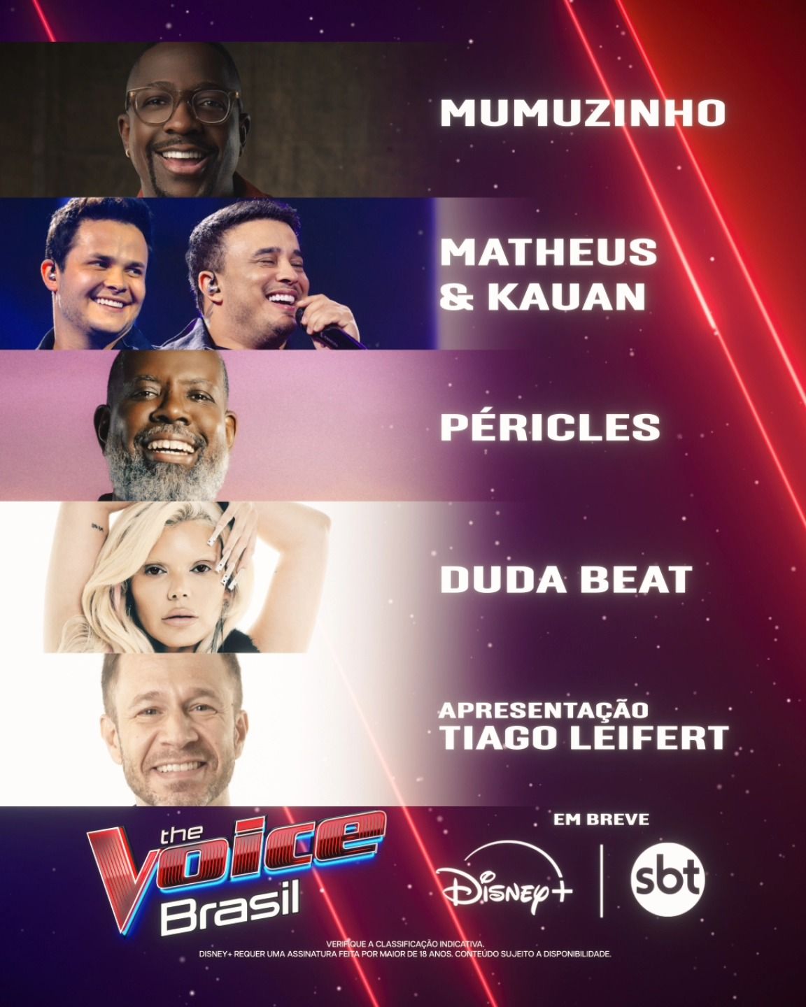 O The Voice Brasil será exibido às segundas-feiras, às 22h30, no SBT e no Disney+. | Foto: Divulgação/SBT
