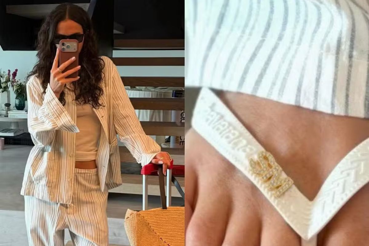 Chinelo de Bruna Marquezine decorado com iniciais de Shawn Mendes.Foto: Reprodu&ccedil;&atilde;o / Instagram @brunamarquezine