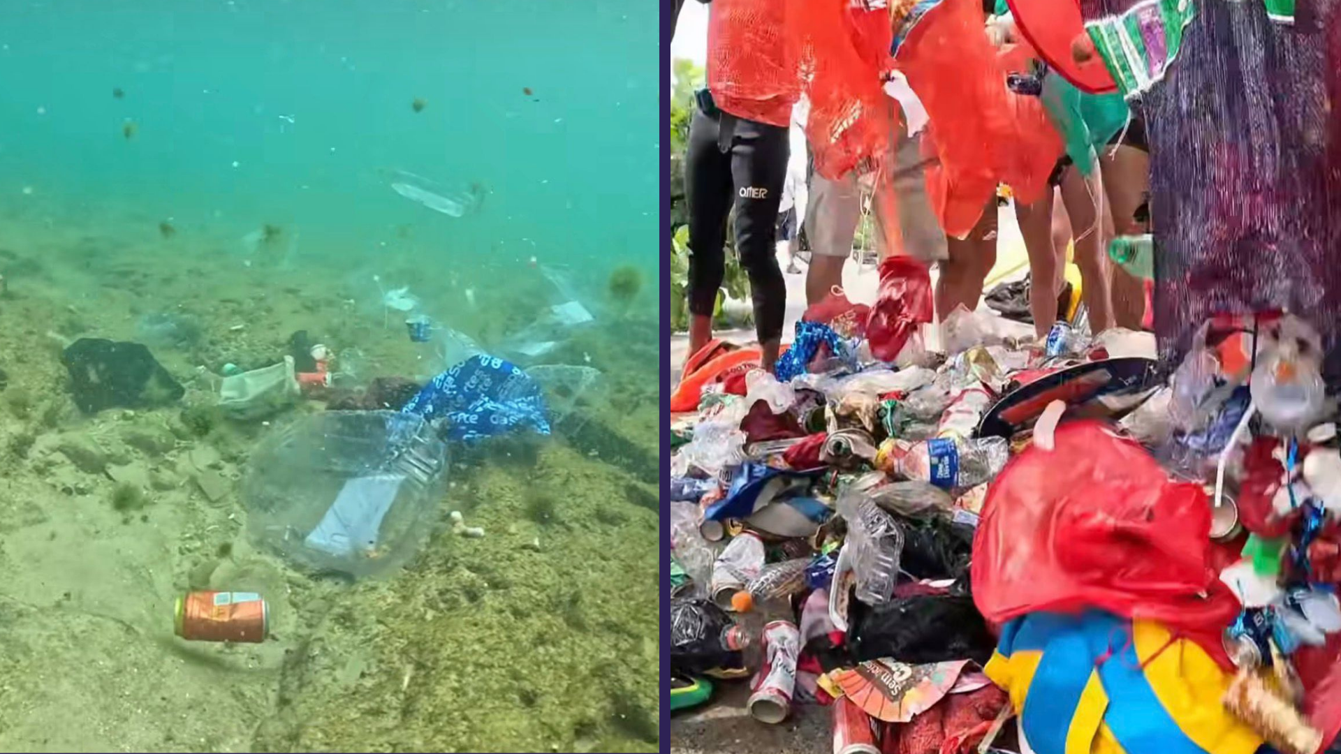 Entre os materiais recolhidos no mar da Barra ap&oacute;s o Carnaval estavam latinhas, garrafas PET, roupas, peda&ccedil;os de pl&aacute;stico, entre outros. | Fotos: Redes Sociais/@fundodafolia