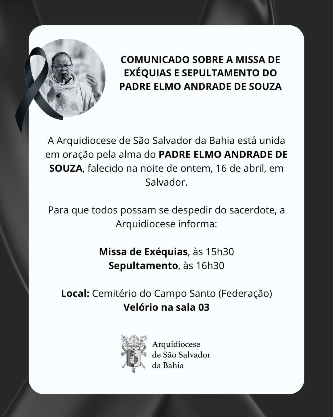 O sacerdote, que atuava na par&oacute;quia de S&atilde;o Pedro, no bairro Dois de Julho, estava desaparecido desde a manh&atilde; de quarta-feira (15). | Foto: Arquidiocese de S&atilde;o Salvador da Bahia