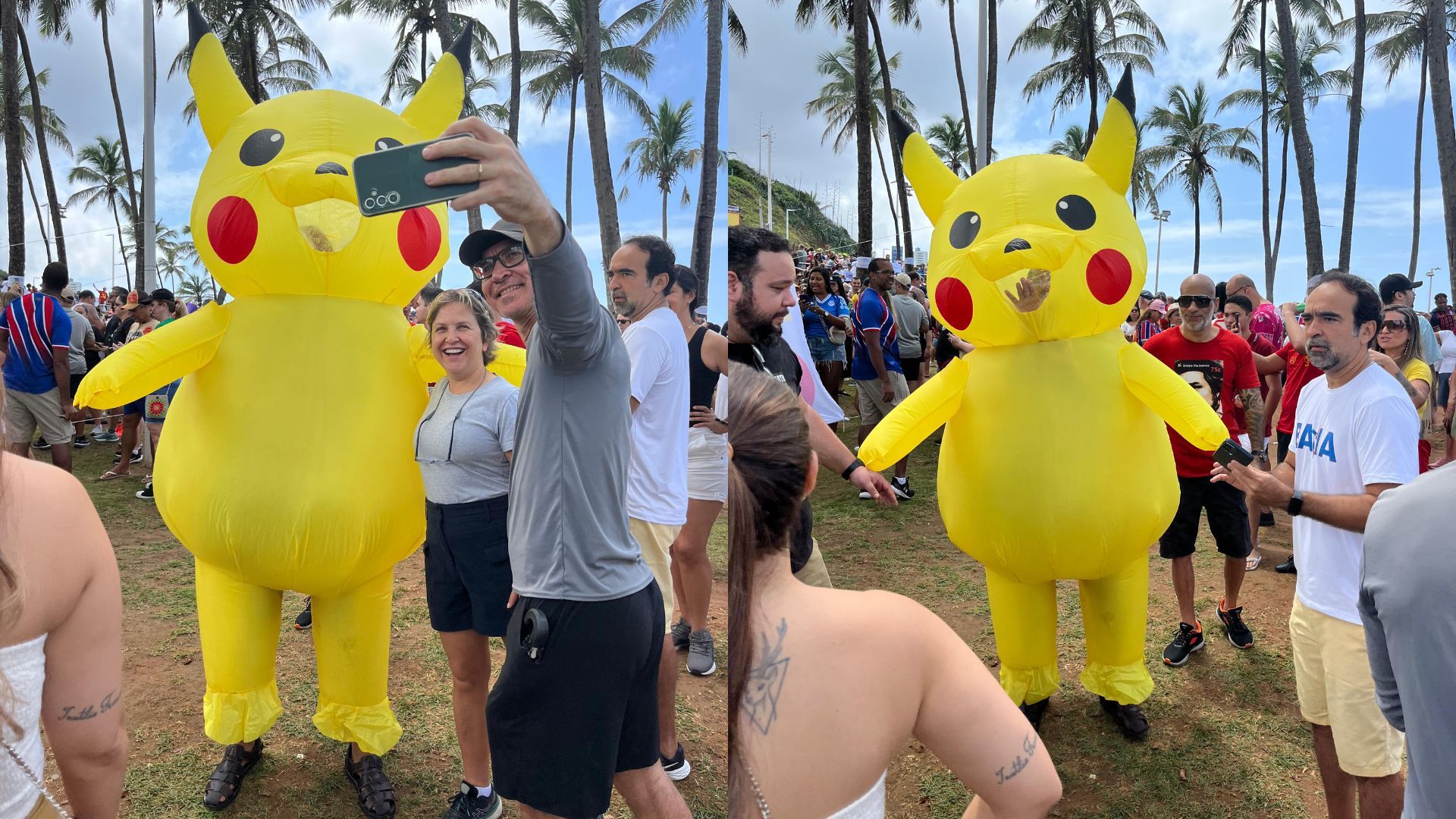 Pikachu capoeirista tirou fotos com manifestantes em Salvador | Fotos: Juana Castro/Arau On